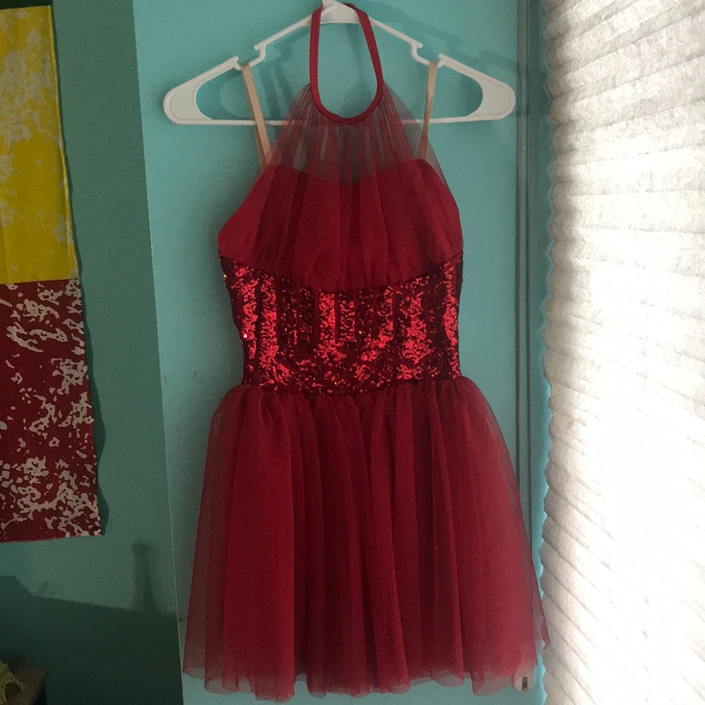 Red haltered dancing dress